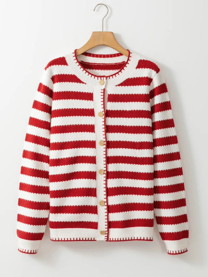 Button Down Striped Long Sleeve Cardigan