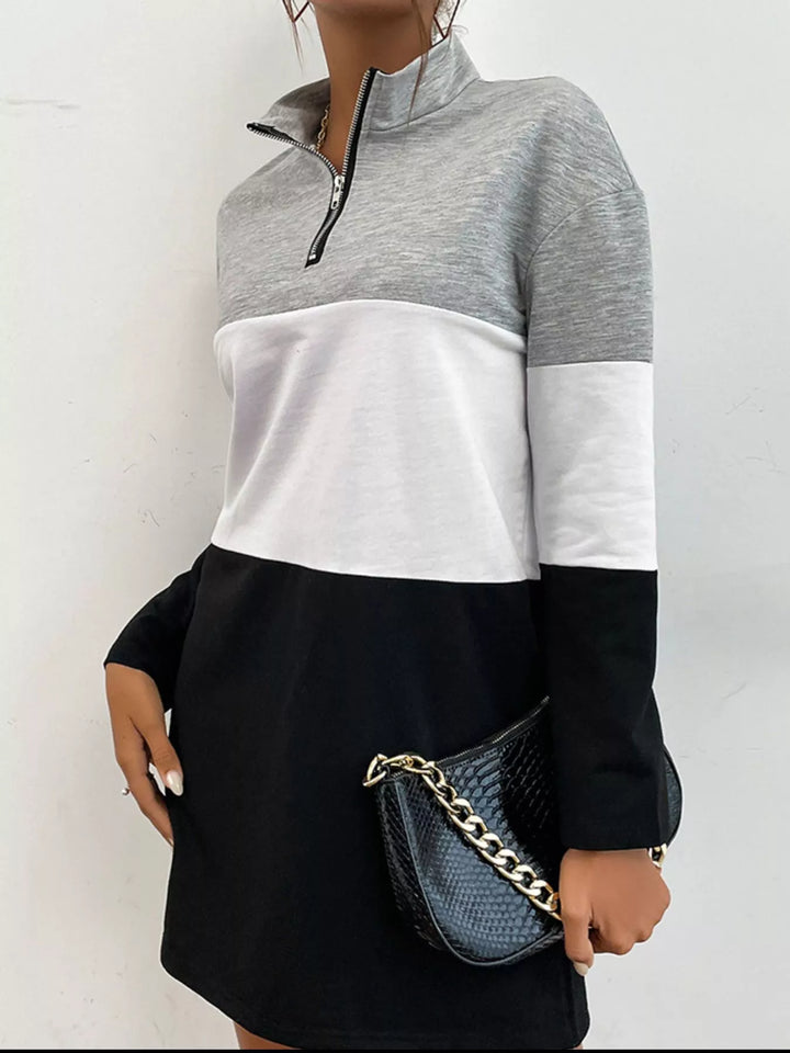 Color Block Zip Front Casual Dress
