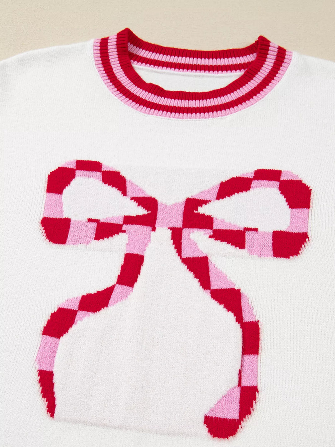 Striped Trim Bow Graphic Round Neck Drop Shoulder Sweater
