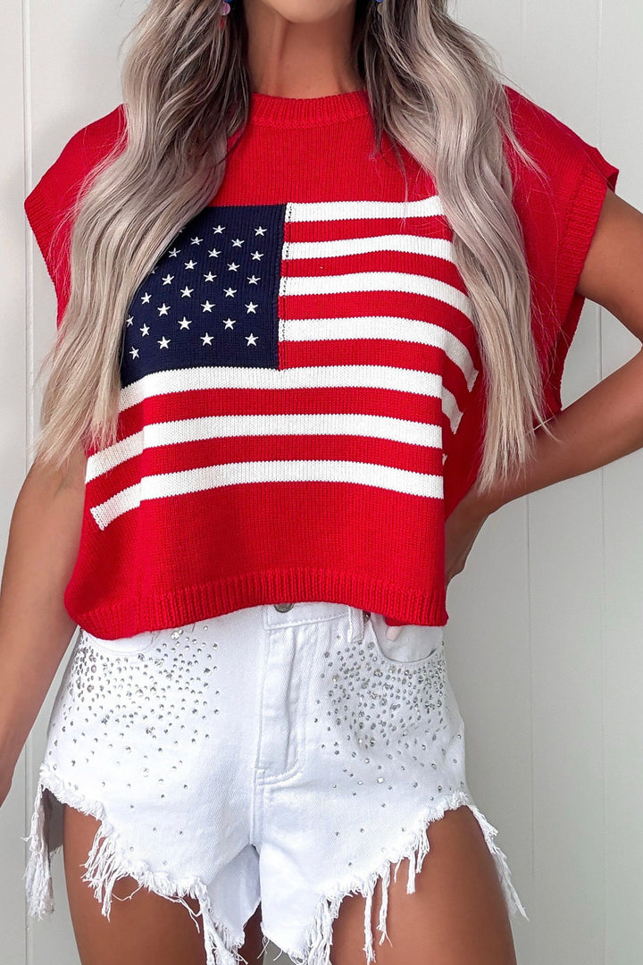 Fiery Red Stars and Stripes Dolman Short Sleeve Sweater