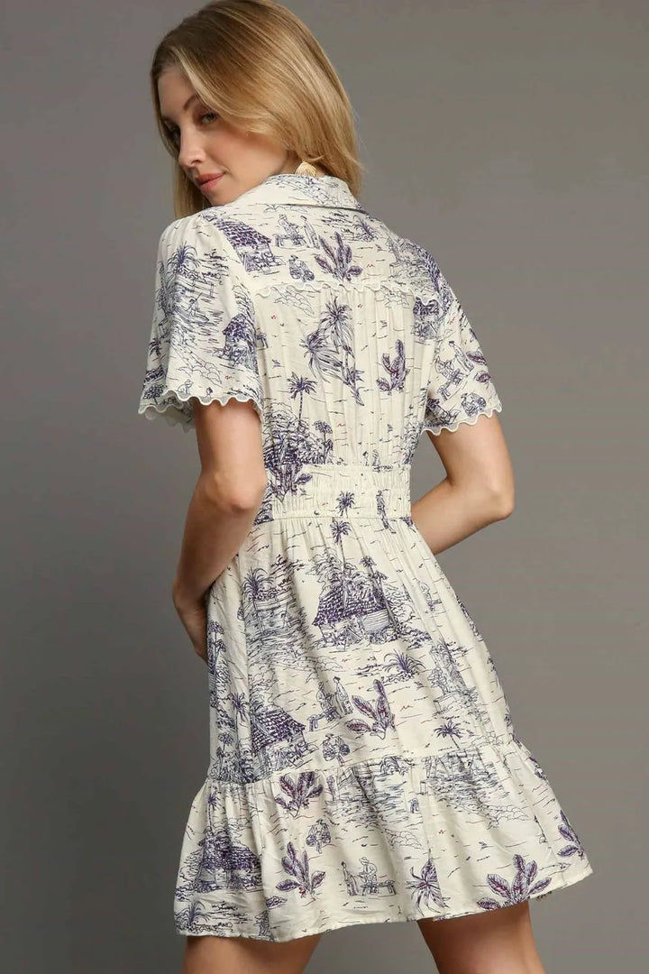 Umgee Full Size Landscape Print Collared Mini Dress Plus Size