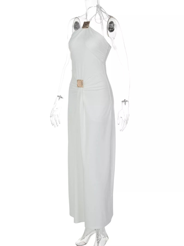Backless Ruched Halter Neck Maxi Dress