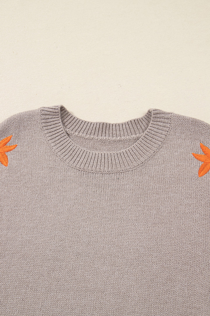 Simply Taupe Embroidered Floral Sleeve Round Neck Loose Sweater