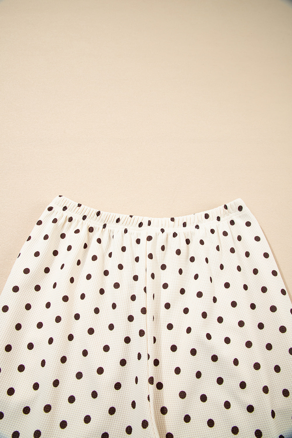 White Polka Dot Print Notched Neck Long Sleeve Top Drawstring Jogger Pants Waffle Knit Lounge Set