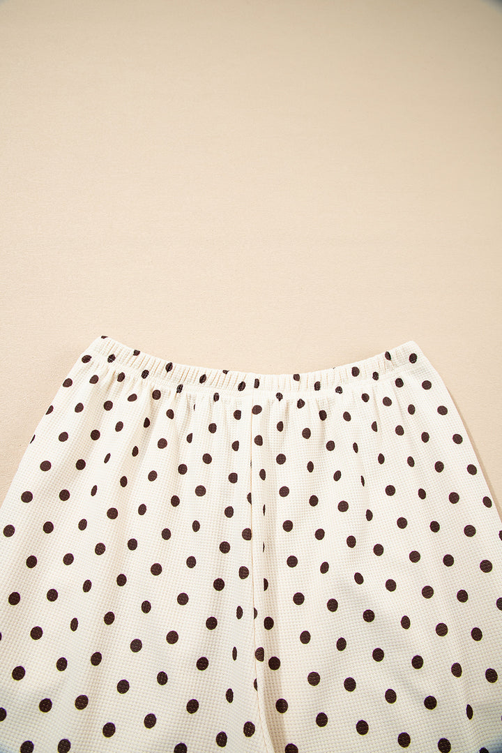 White Polka Dot Print Notched Neck Long Sleeve Top Drawstring Jogger Pants Waffle Knit Lounge Set