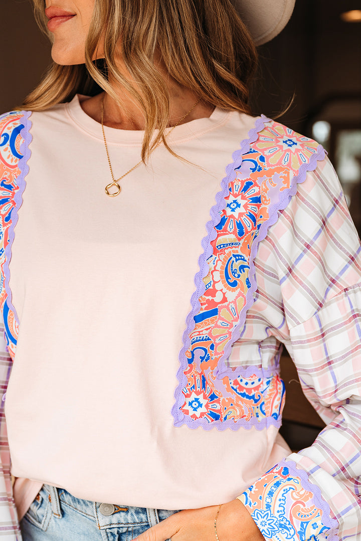 Delicacy Ricrac Trim Floral Plaid Patchwork Puff Sleeve Blouse