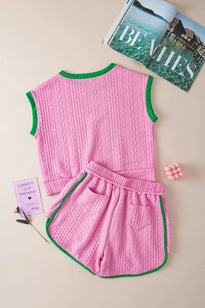 Contrast Trim Round Neck Top and Shorts Set