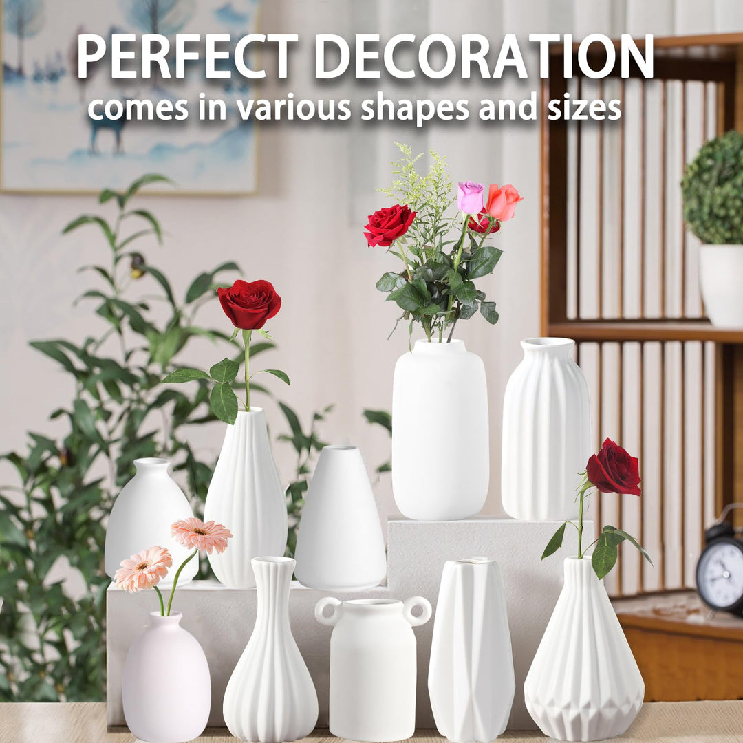 White Ceramic Bud Vases Set of 10 - 5 Inch Small Mini Vases for Flowers Centerpieces Decor