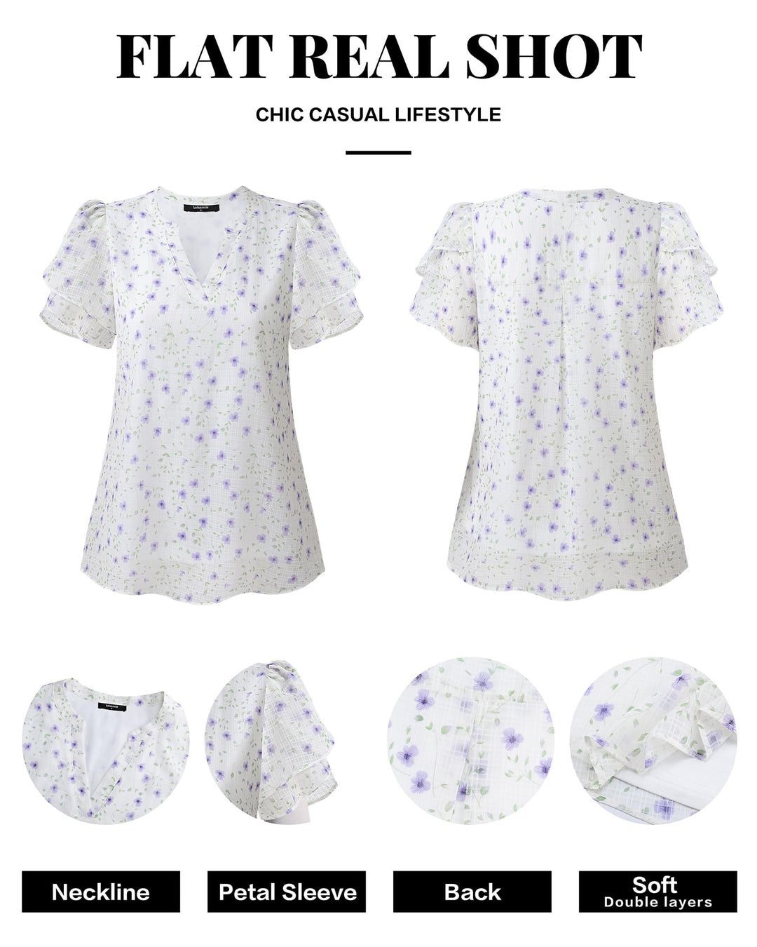 Polyester Blouses - Women's Chiffon Blouse V-Neck Puff Sleeve Summer Top for Work and Casual Wear