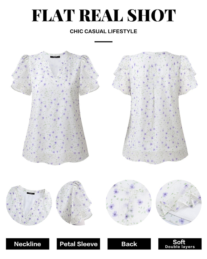 Polyester Blouses - Women's Chiffon Blouse V-Neck Puff Sleeve Summer Top for Work and Casual Wear