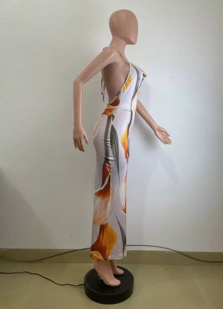 Floral Print Cowl Neck Backless Maxi Dress