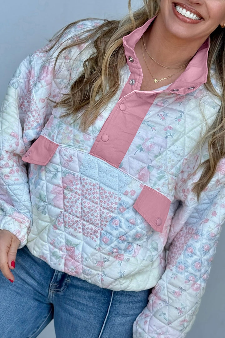 Pink Floral Quilted V-Neck Plus Size Fake Pocket Sweatshirt