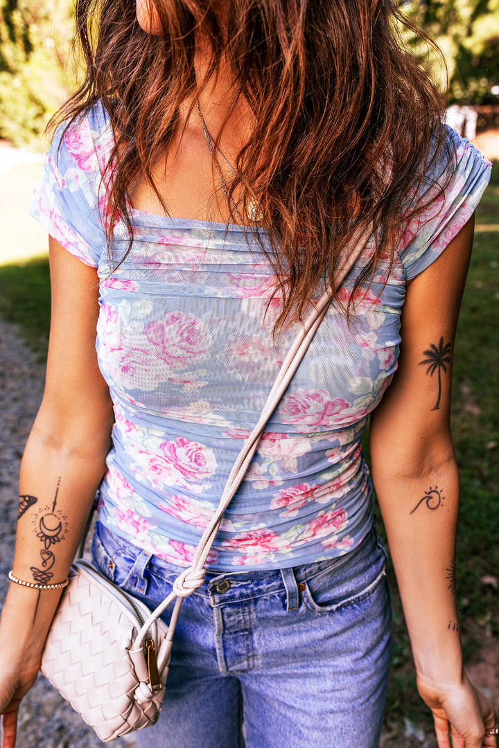 Sky Blue Square Neck Cap Sleeve Ruched Floral Mesh Top