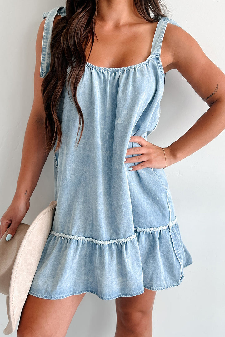 Beau Blue Washed Denim Tied Straps Sleeveless Mini Dress