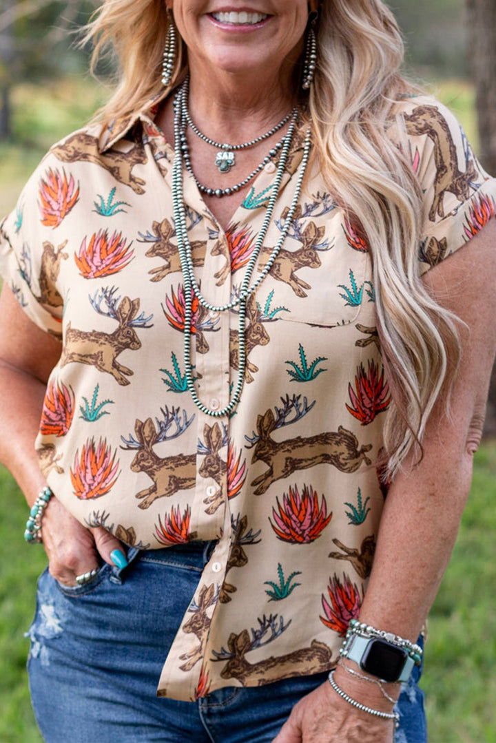 Chemise boutonnée à manches courtes et imprimé western kaki grande taille