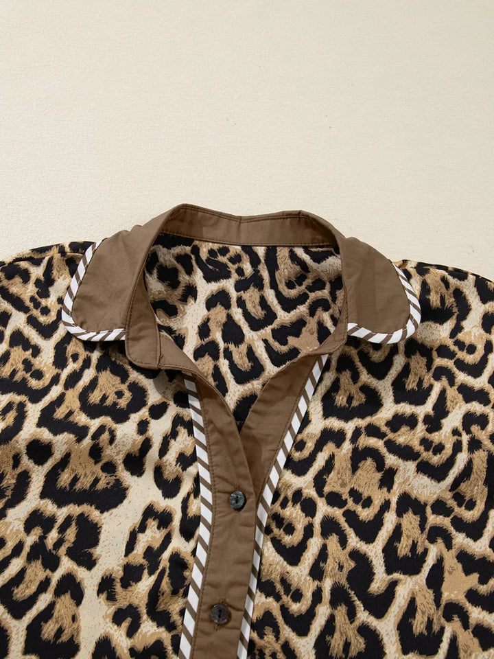 Leopard Collared 3/4 Sleeve Shirt and Loose Pants Two Piece Outfit Set