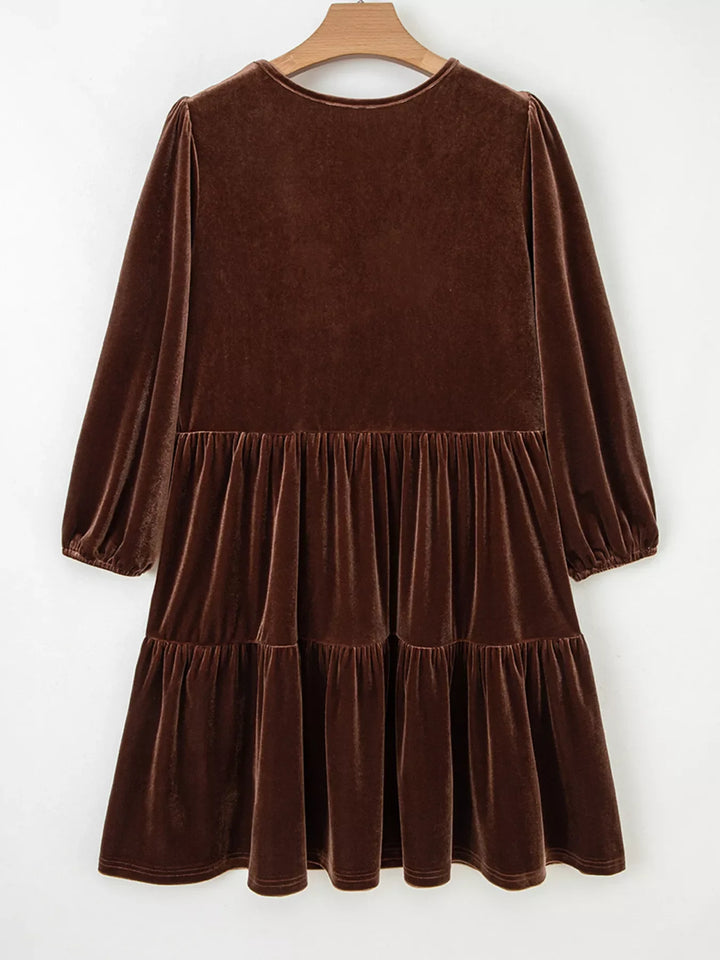 Solid Color Velvet V Neck Long Sleeve Tiered Mini Dress