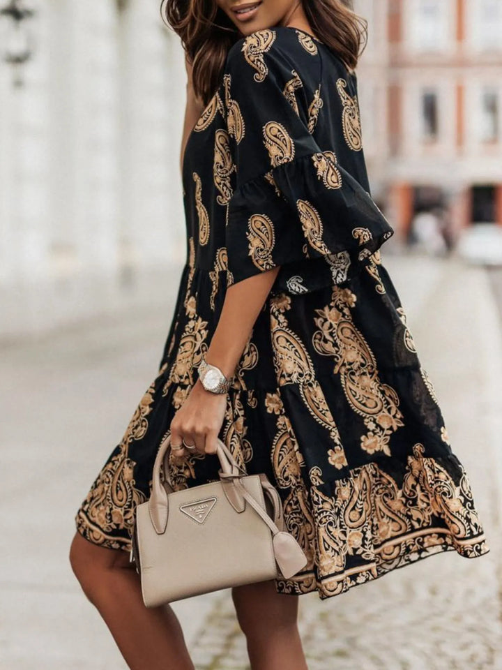 Paisley Print Tie Neck Half Sleeve Mini Dress