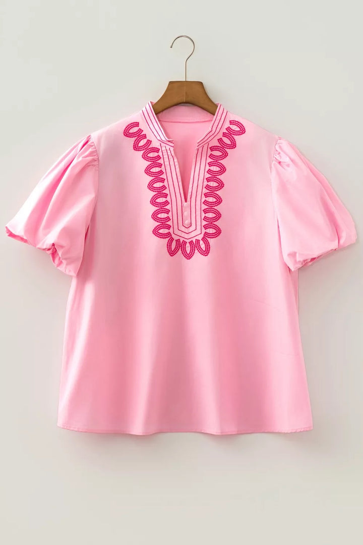 Embroidered Detail Puff Sleeve Cotton Blouse