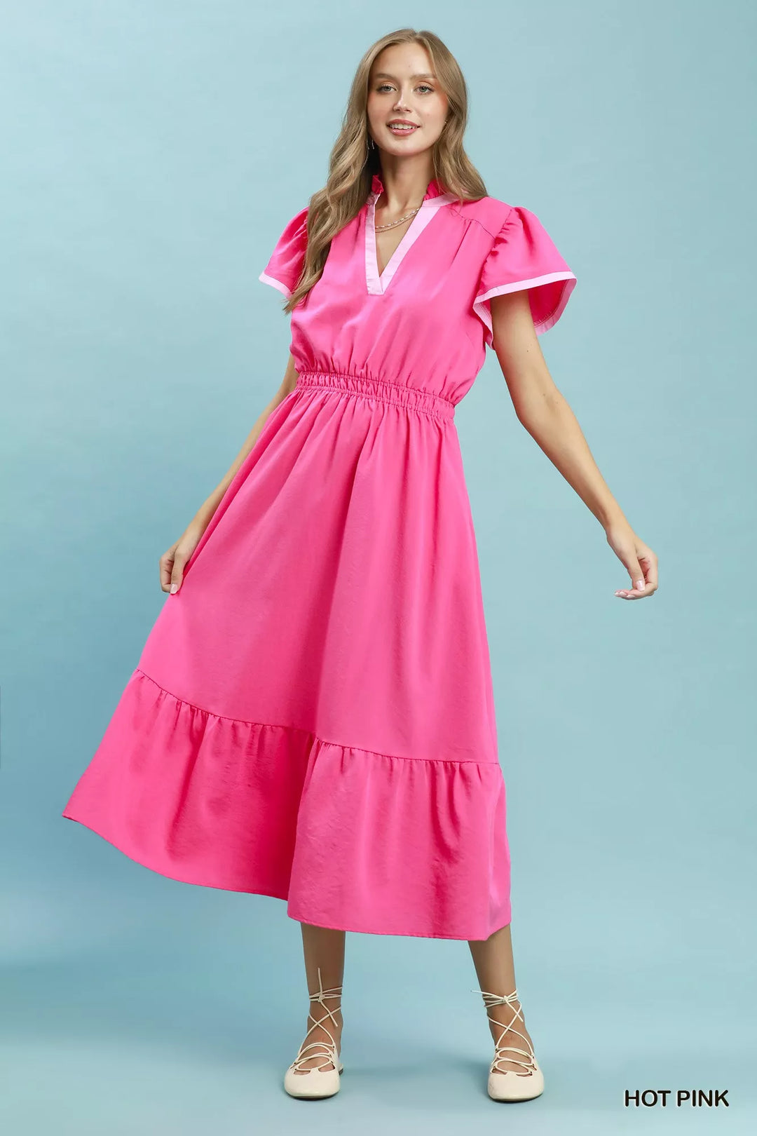 Umgee Contrast Trim Midi Dress with Tiered Ruffle Hem