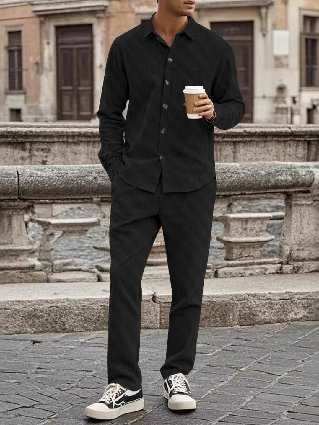 Men's Full Size Button Up Long Sleeve Shirt and Pants Set Plus Size