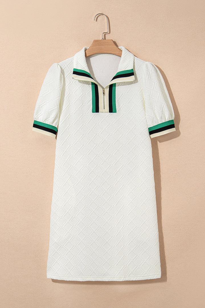 White Textured Jacquard Colorblock Edge Puff Sleeve Quarter Zip Mini Dress