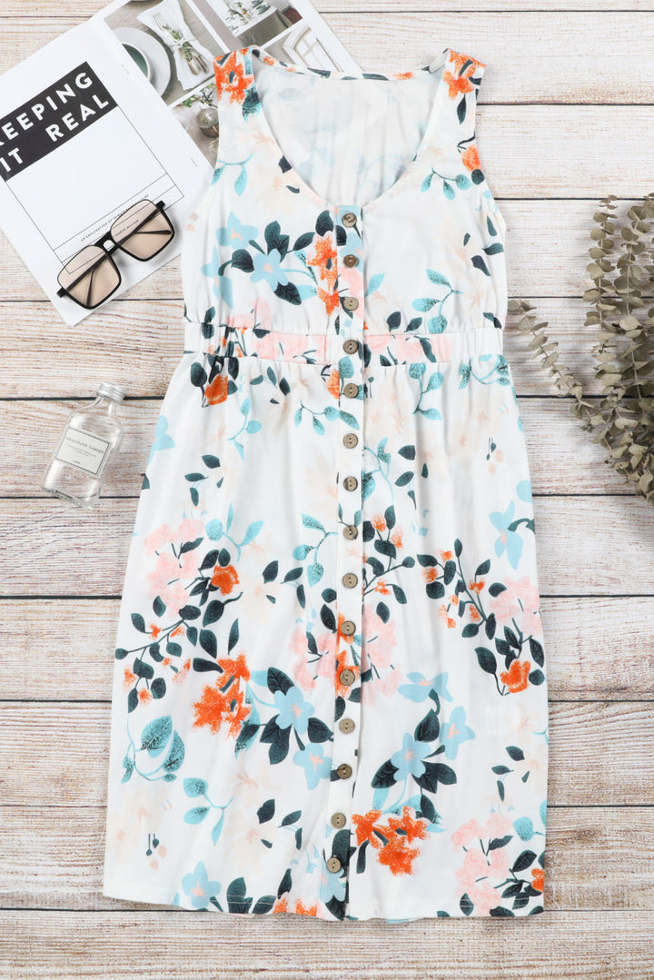 White Gray Floral Printed Sleeveless Button Up High Waist Mini Dress
