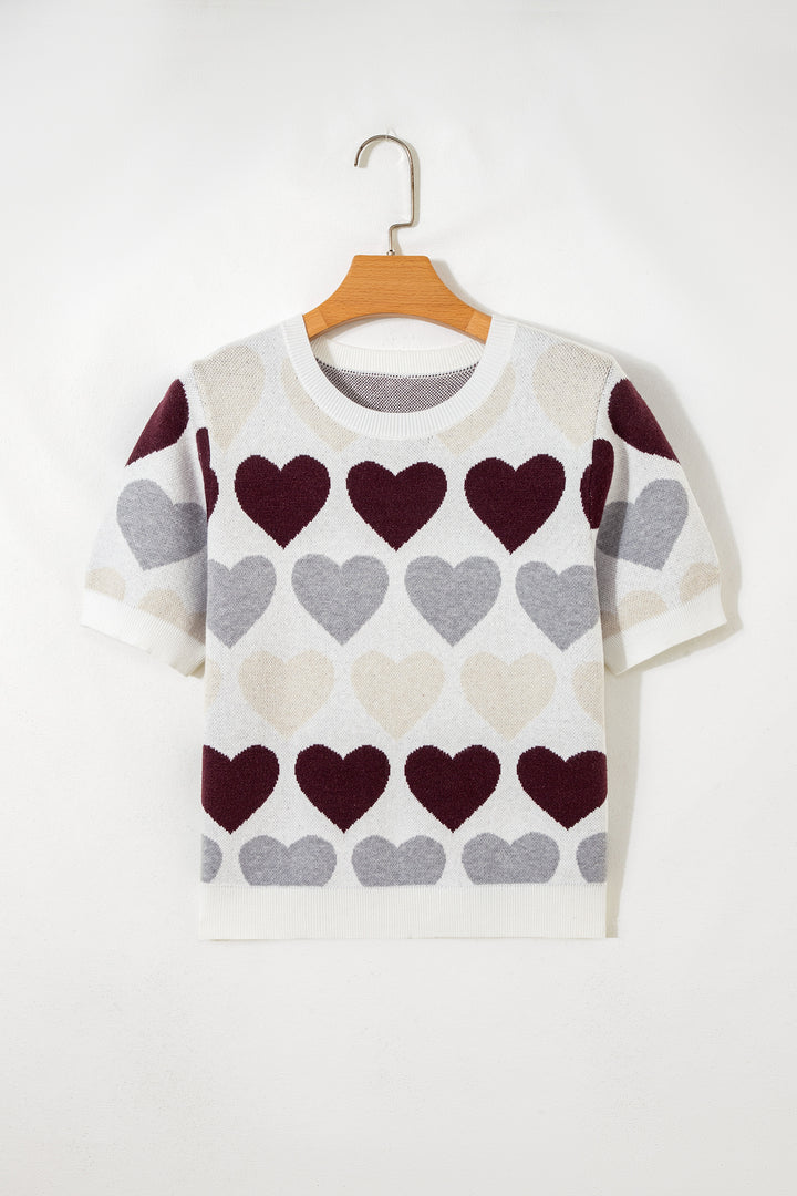 White Valentine Heart Short Sleeve Sweater