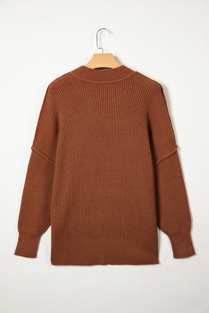 Chestnut Long Sleeve Ribbed Knit Stand Neck Regular Fit Pullover Sweater