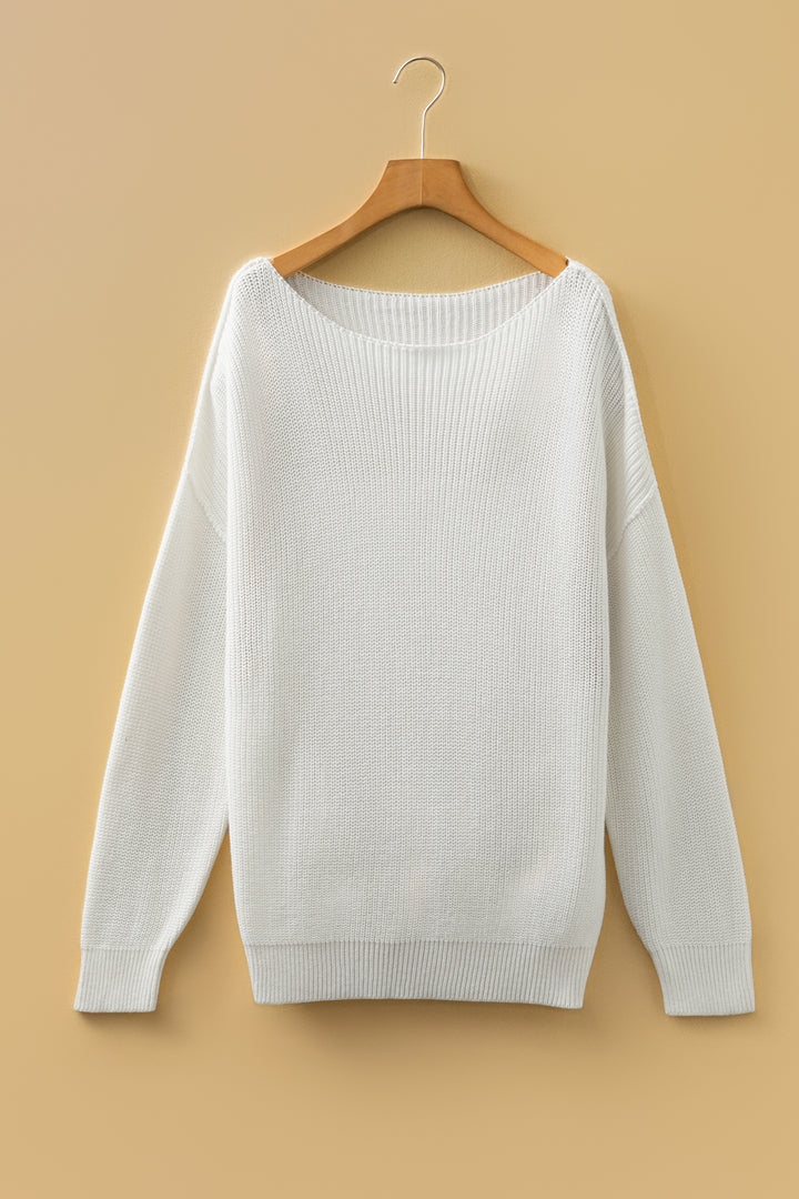White Asymmetric Neck Drop Shoulder Baggy Slouchy Sweater