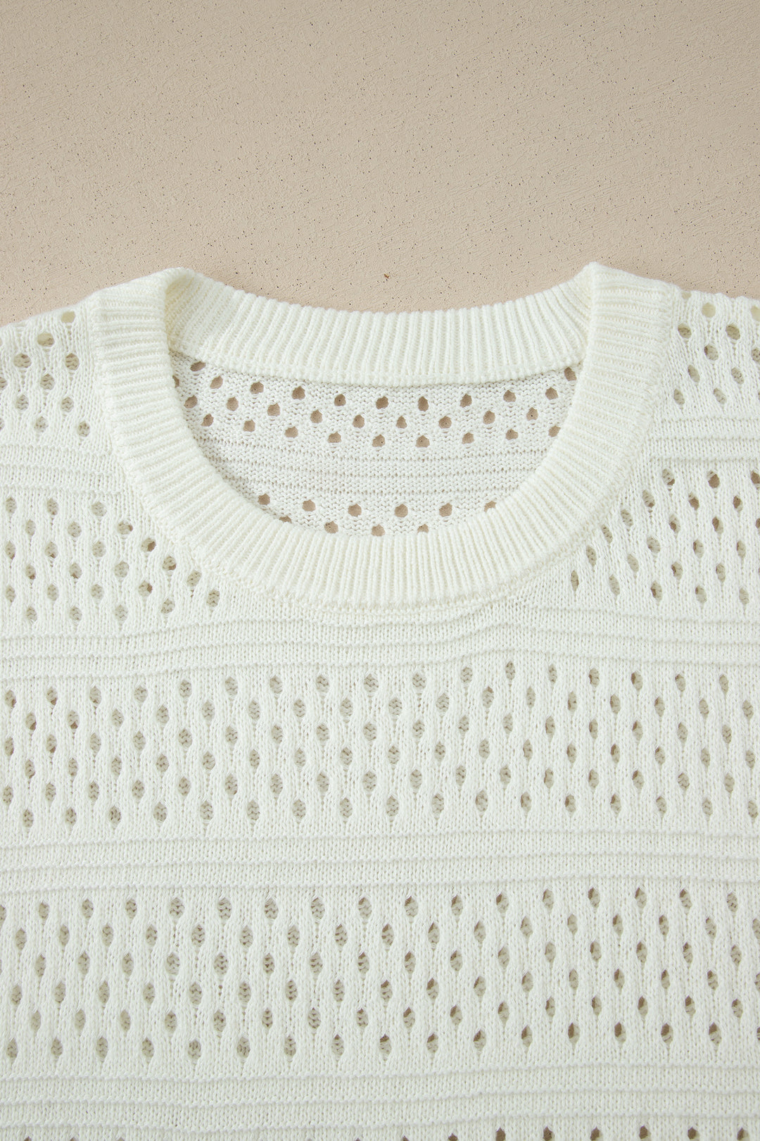 White Plus Size Eyelet Hollow Out Knit Ribbed Trim Short Sleeve Dolman Sweater