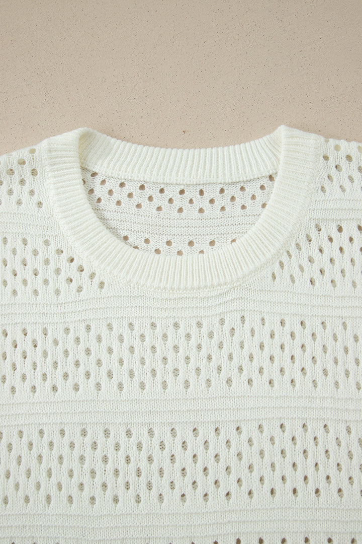 White Plus Size Eyelet Hollow Out Knit Ribbed Trim Short Sleeve Dolman Sweater