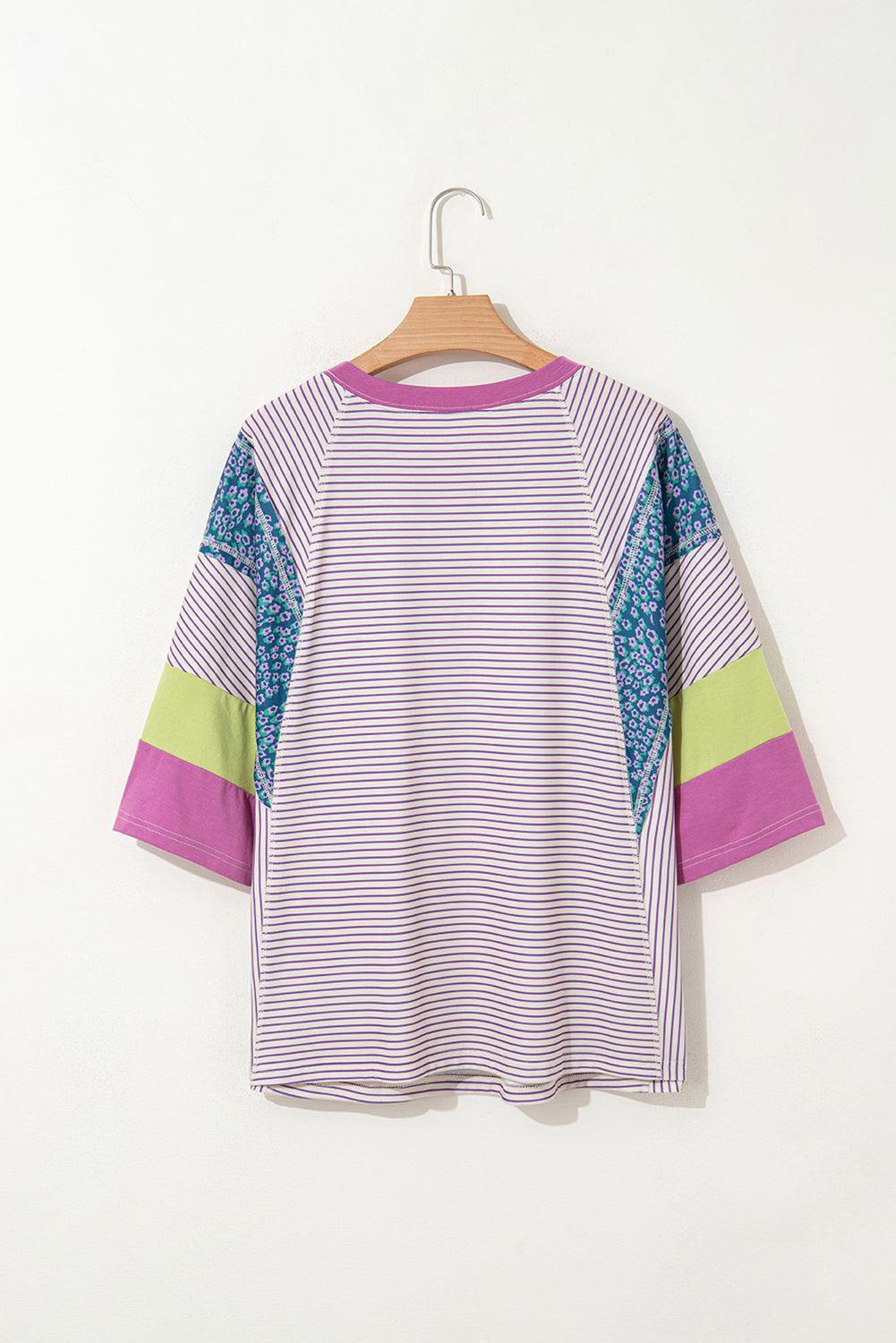 Purple Stripe Floral Color Block Raw Edge Patchwork Bracelet Sleeve Blouse