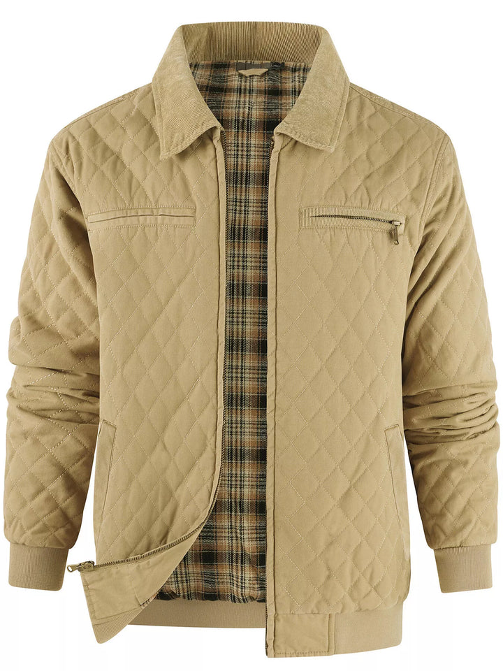 Men's Quilted Collared Neck Jacket with Plaid Lining