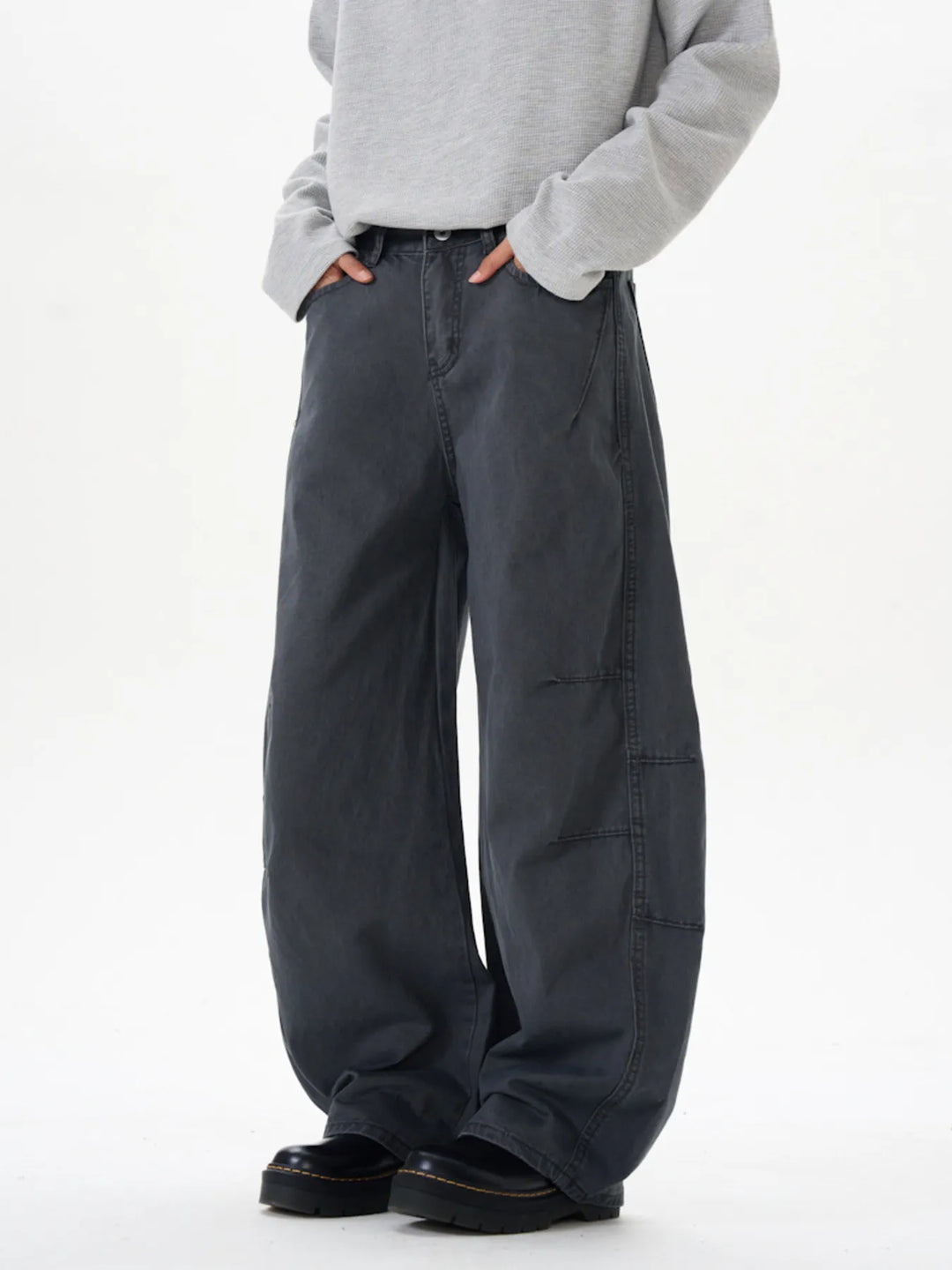 Men's Washed Wide Leg Curved Cargo Jeans