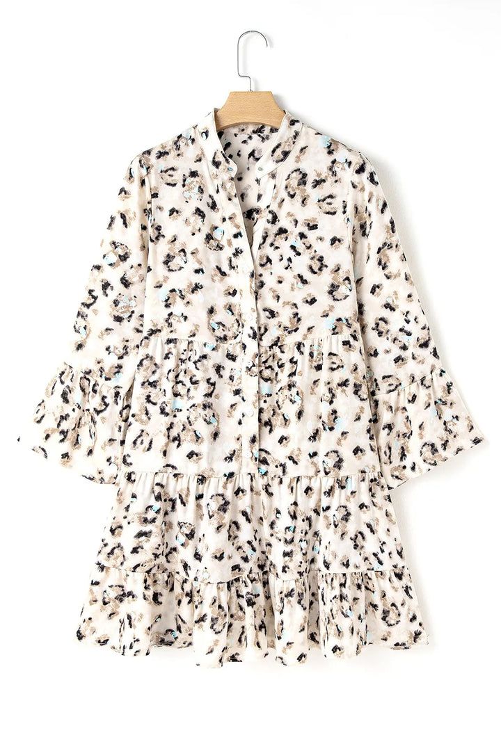 Leopard Print Buttoned Front 3/4 Sleeve Tiered Ruffled Hem Dress