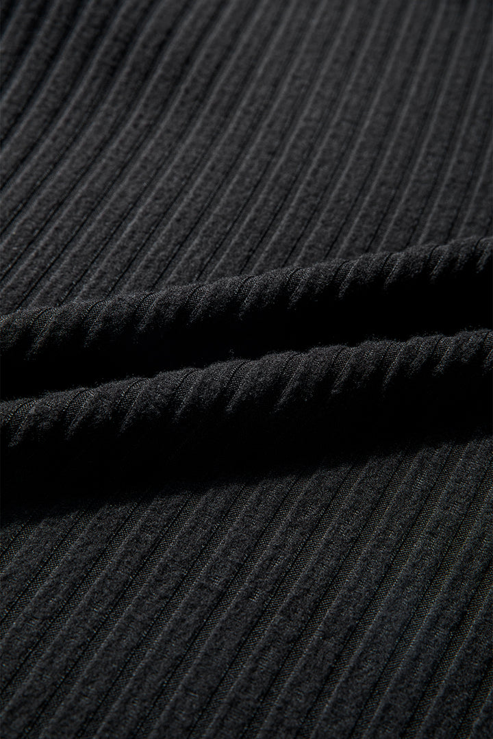 Black Ribbed Texture Round Neck Long Sleeve Rounded Hem Knit Top