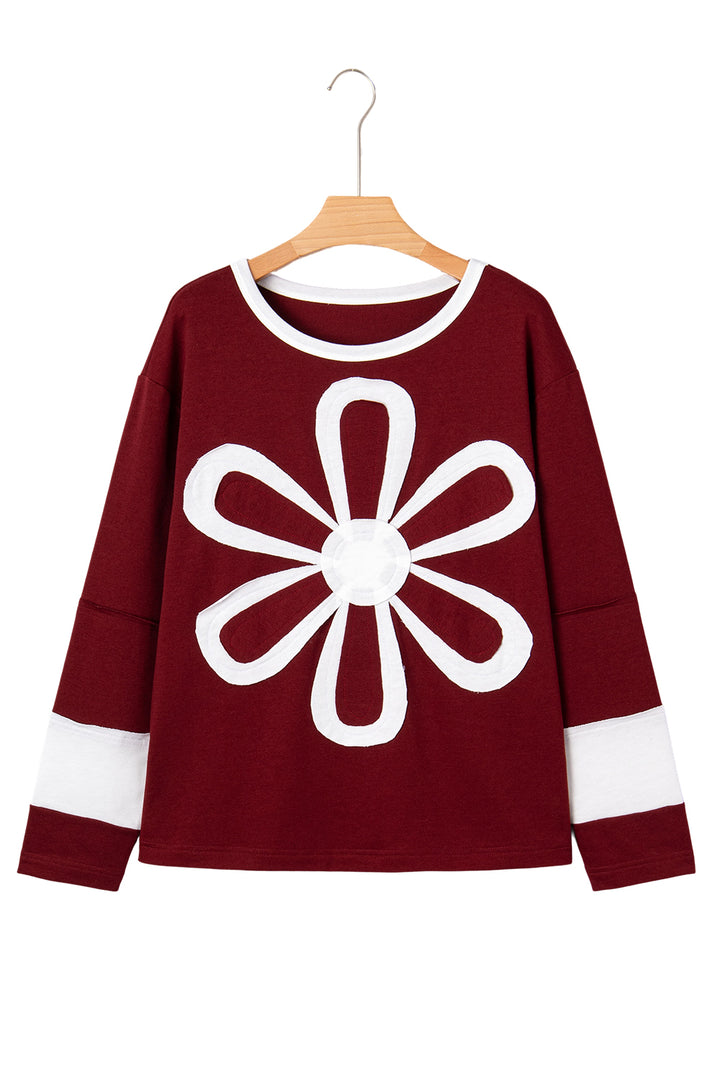 Red Dahlia Cheerful Daisy Flower Patched Round Neck Long Sleeve Top