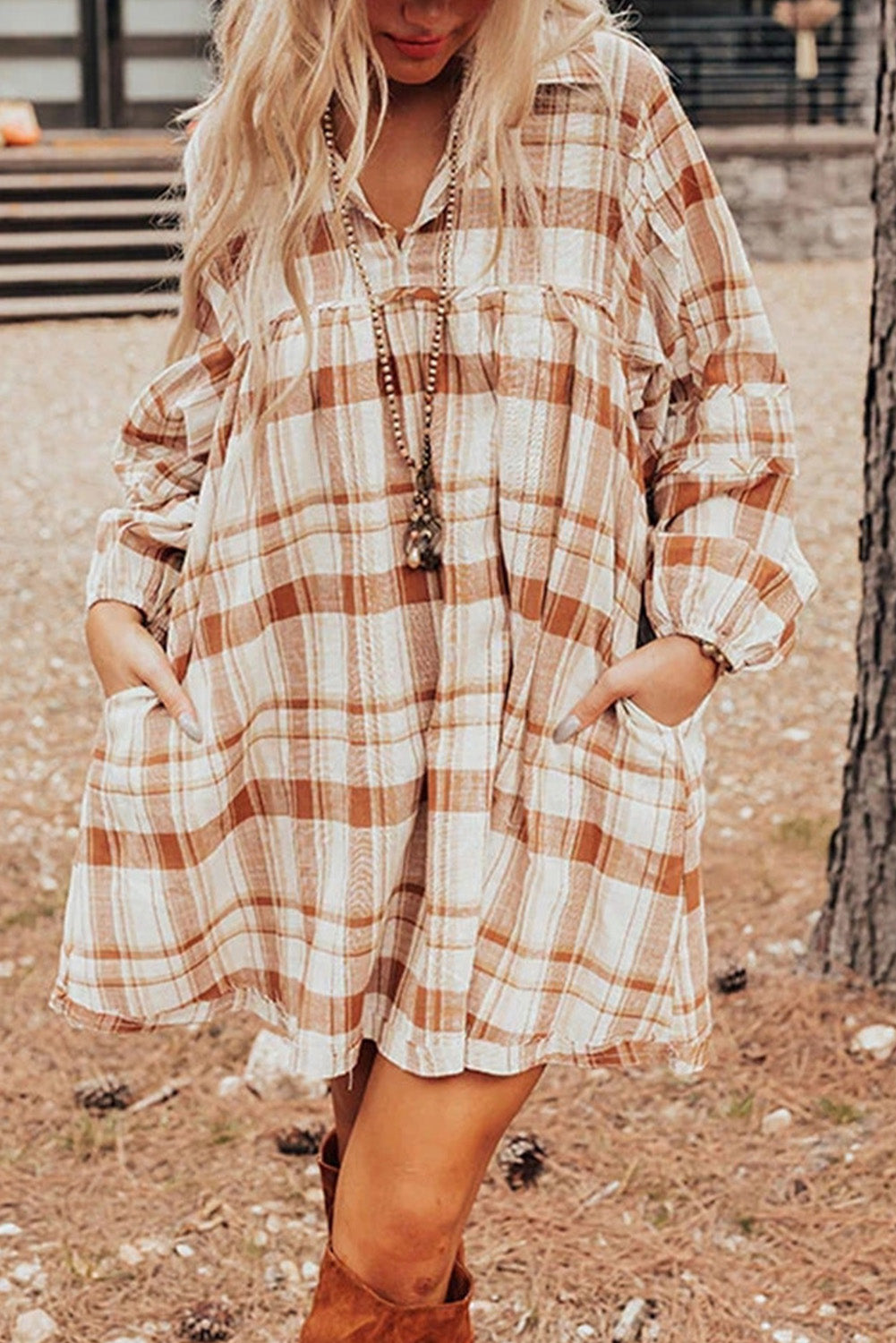 Brown Plaid Print Side Pockets Frilled Babydoll Mini Dress I am a Fashion Junky Brown Plaid Print Side Pockets Frilled Babydoll Mini Dress I am a Fashion Junky
