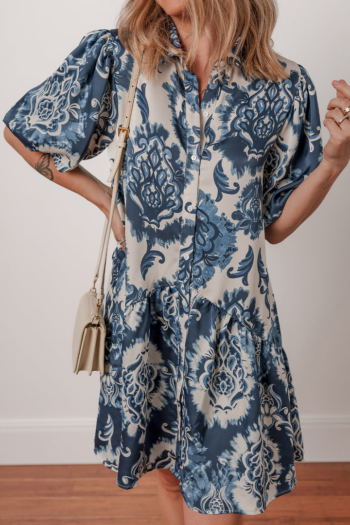 Blue Boho Floral Print Buttoned Collared Loose Fit Mini Dress