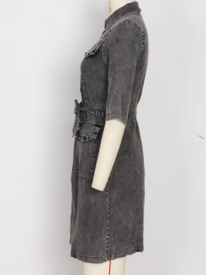 Zipper Front Short Sleeve Denim Dress