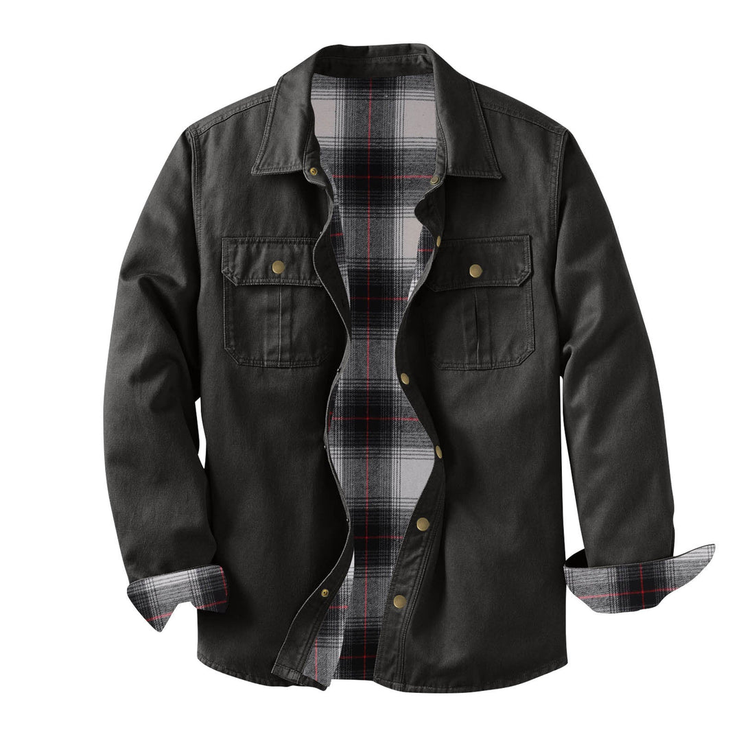 Washed Canvas Work Jacket With A Plaid Lining, Durable And Warm