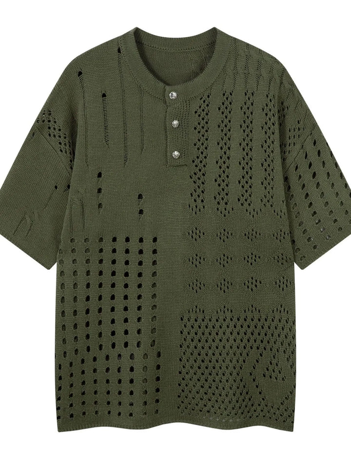 Men's Openwork Button Detail Knit Henley T-Shirt