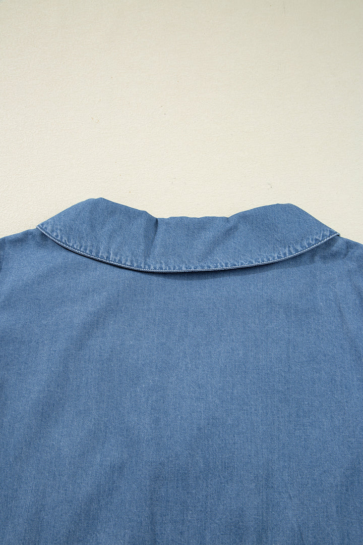 Dusk Blue Denim Lapel Neck Balloon Sleeve Tied Peplum Top