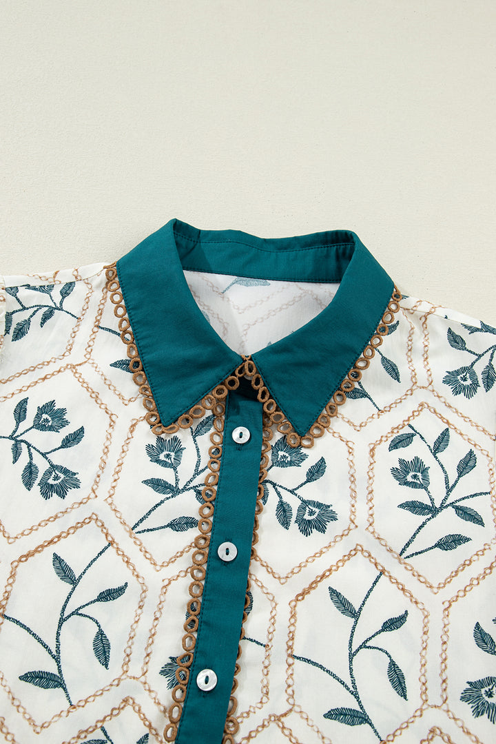 Blue Geometric Floral Print Lace Trim Collared Short Sleeve Mini Dress