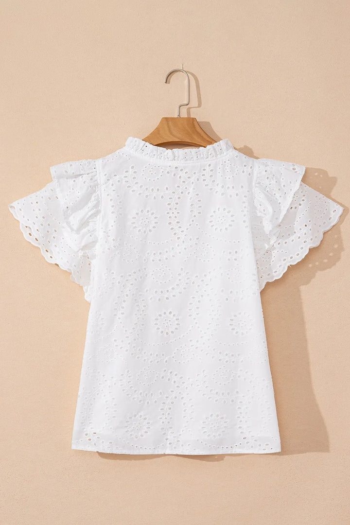 Eyelet Notched Short Sleeve Blouse