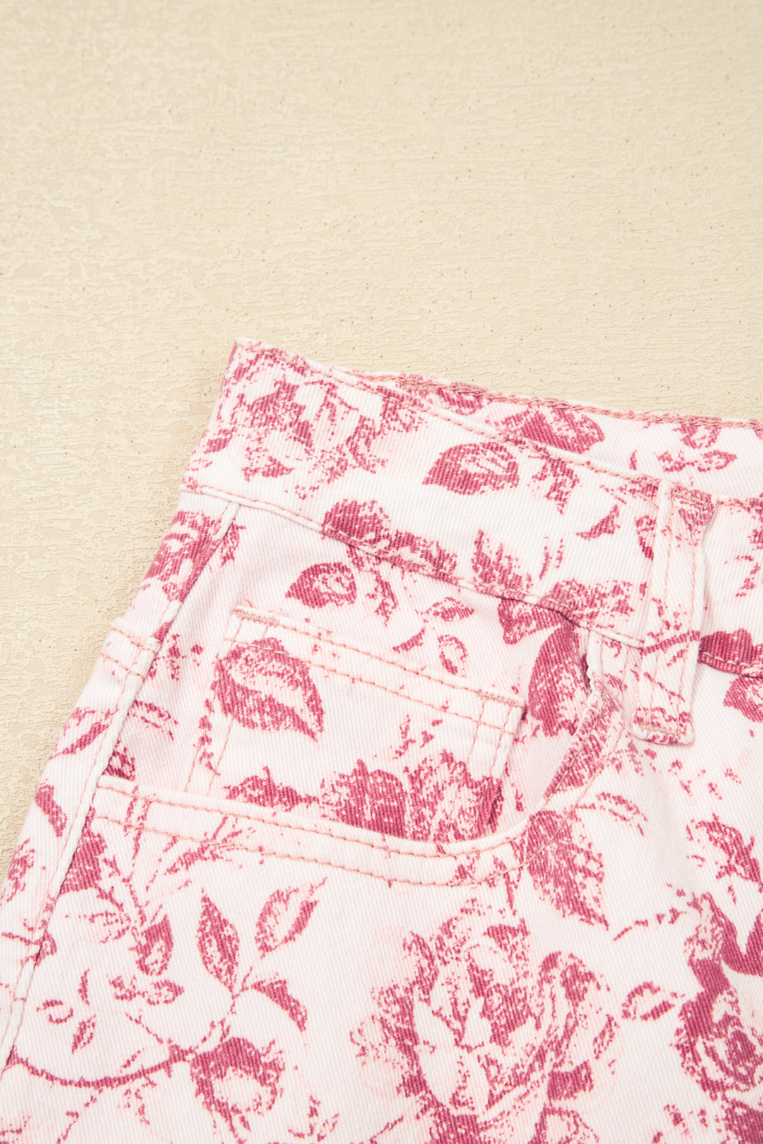 Pink Vintage Floral Print Denim Shift Pants