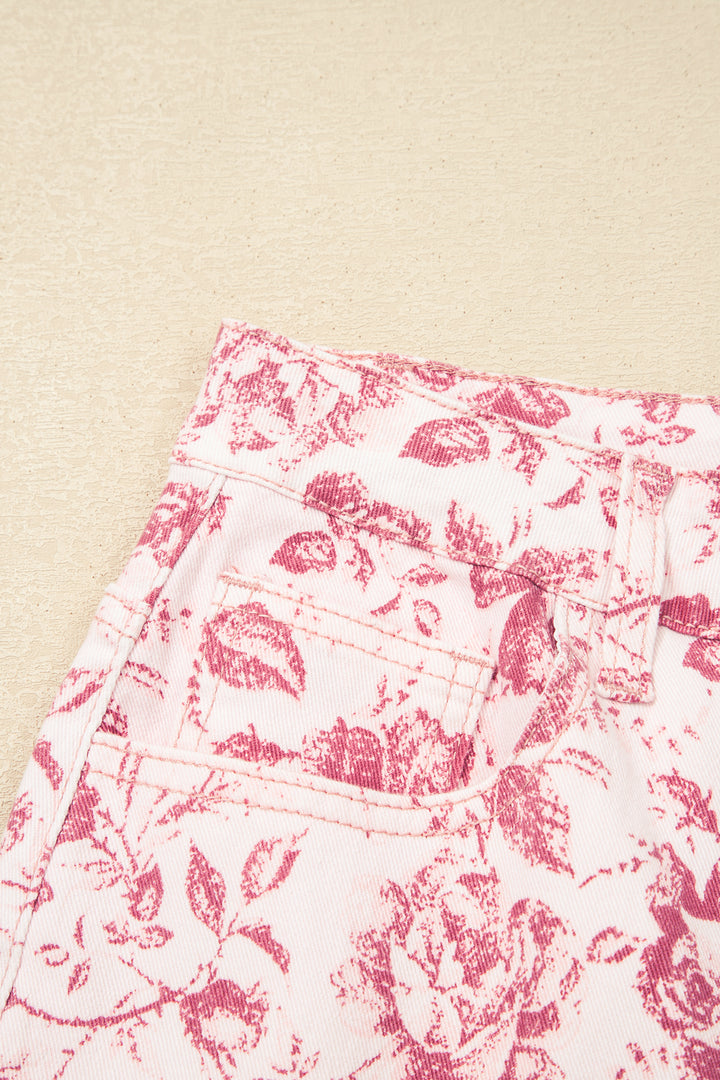 Pink Vintage Floral Print Denim Shift Pants