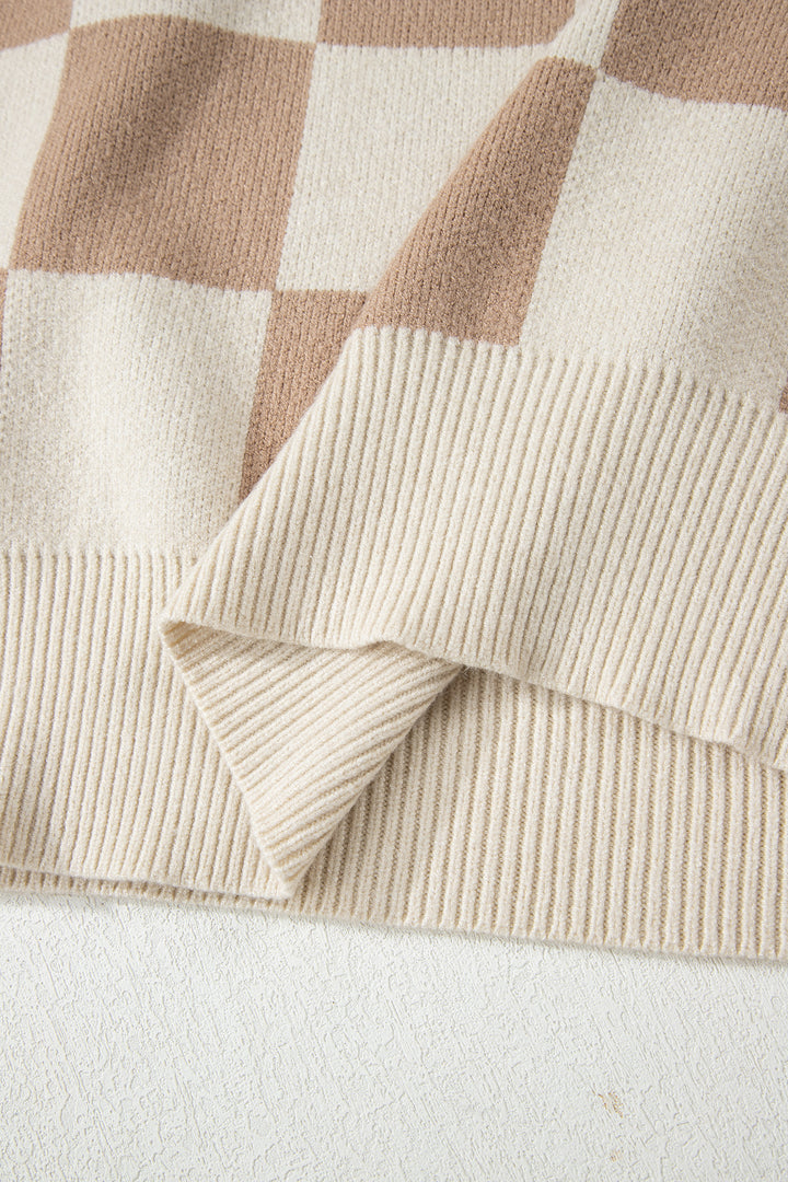 Parchment Checkered Pattern Ribbed Trim Knit Baggy Sweater