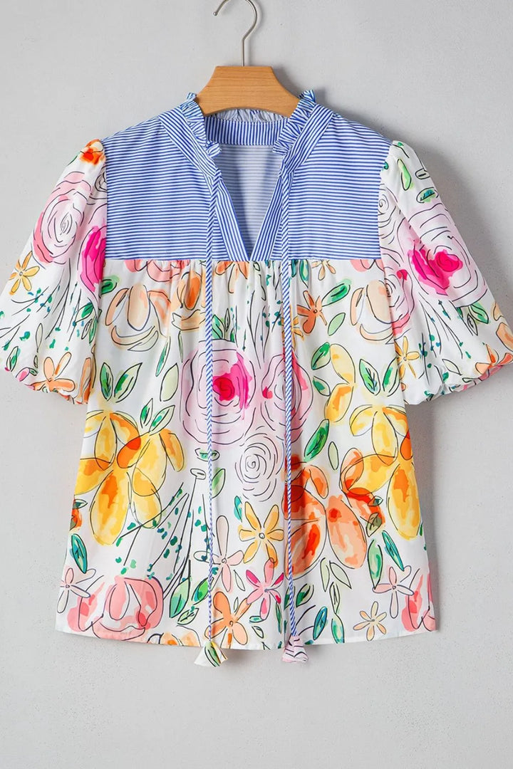 Floral Striped Yoke Frilled Tie Neck Puff Short Sleeve Blouse